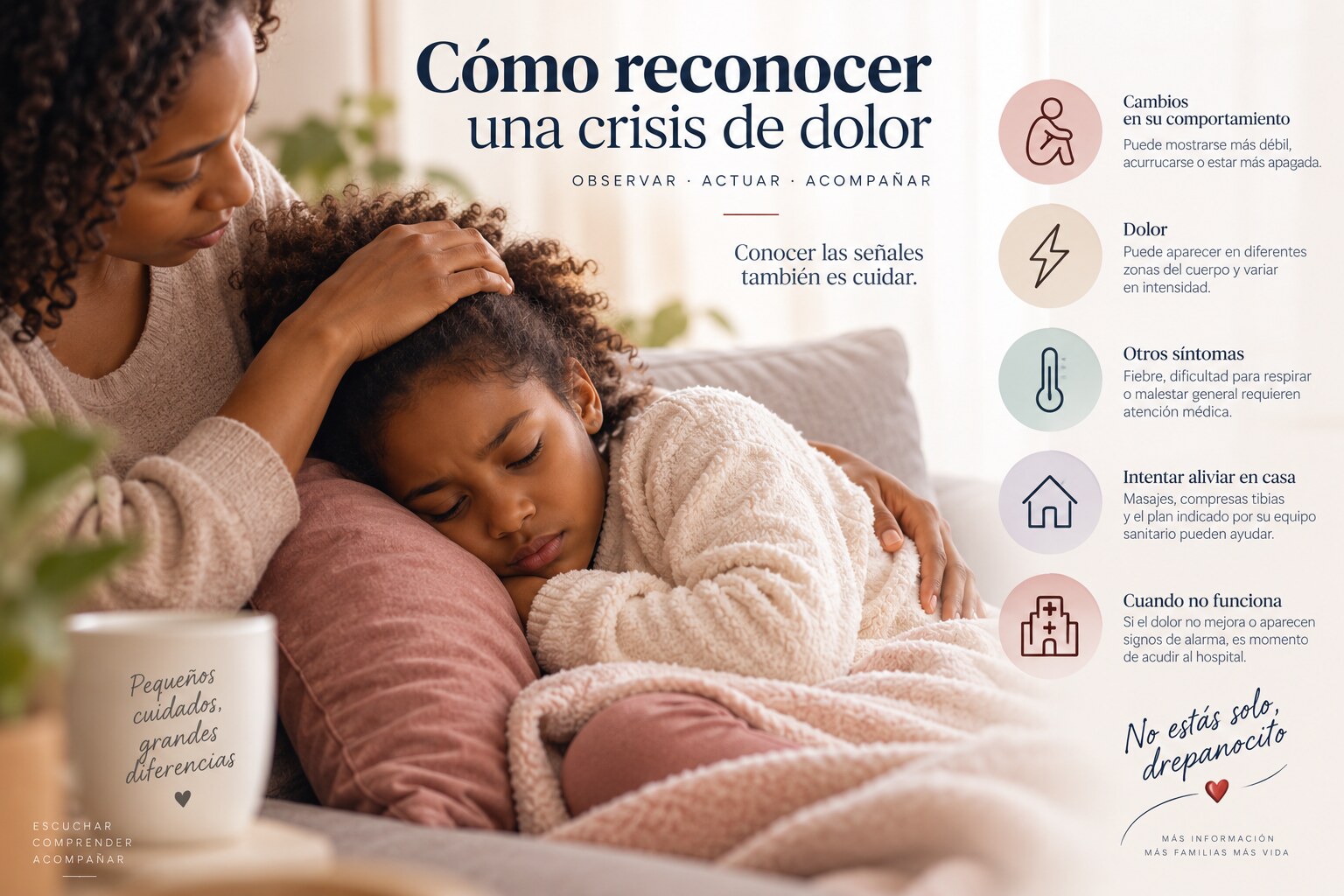 Madre acompañando a una niña durante una crisis de dolor y señales para reconocerla