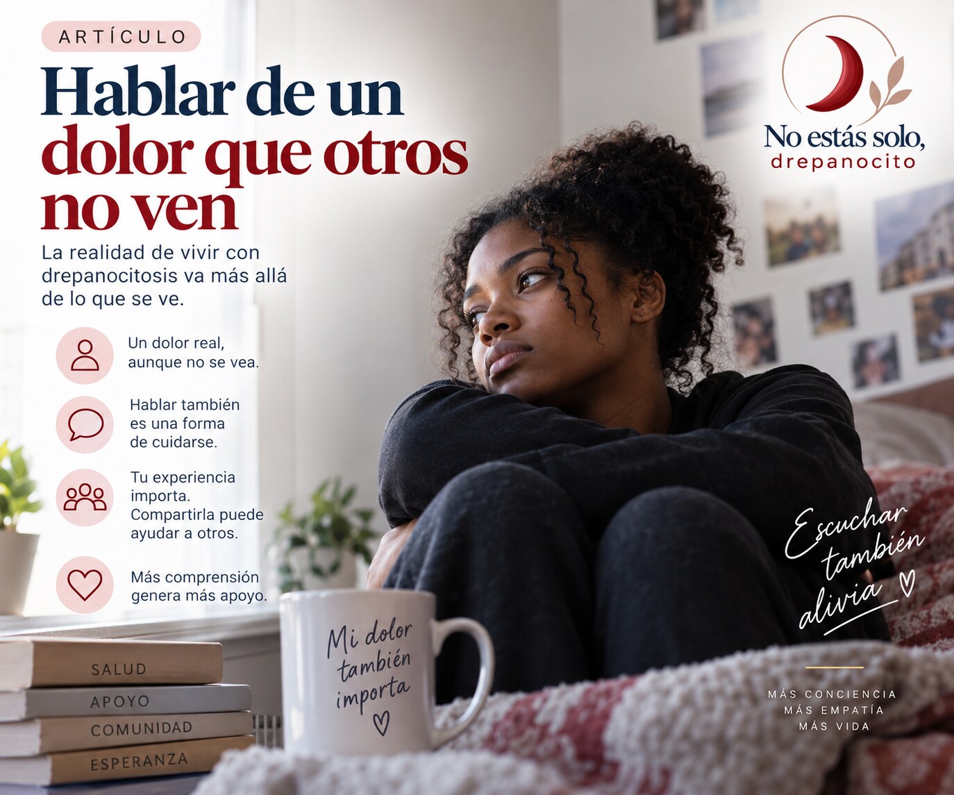 Joven reflexionando sobre el dolor invisible asociado a la drepanocitosis